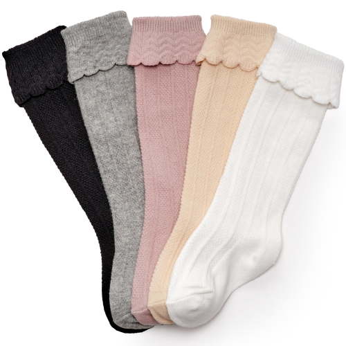 CozyWay Ruffled Baby Knee High Socks for Girls, 5 Pack, Neutral Pastels, 6-12 Months Old