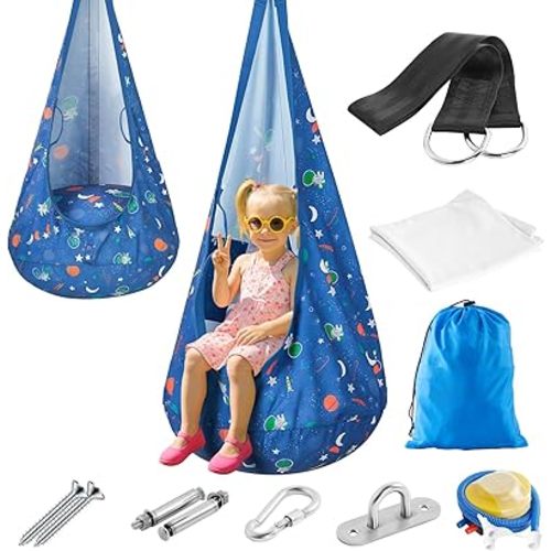 Sensory Swing, Pod Swing for Kids Toddlers, Hanging Hammock Chair with Inflatable Pillow & Adjustable Straps for Indoor Outdoor - Supports up to 100lbs, Blue