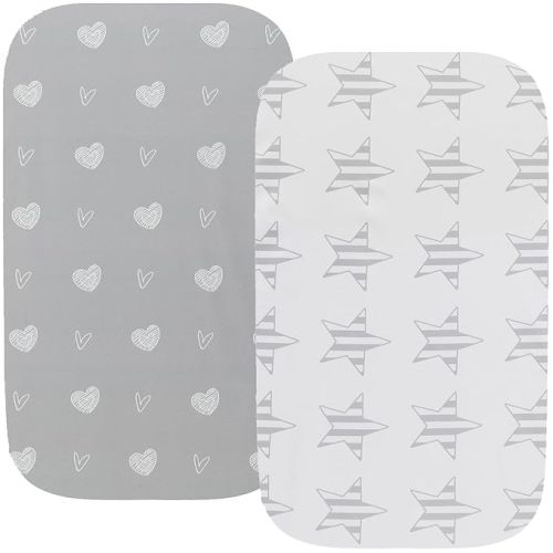 Waterproof Bassinet Sheets, No Need for Bassinet Mattress Pad Cover, 2 Pack Stretch Jersey Knit Super Soft fit for Cradle Oval Rectangle Hourglass Mattress Grey Love & Stars