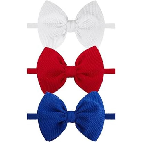 YanJie 3rd of July Hairband Nylon Baby Girl Bows with Red, White, Blue Accents - One Size Fits All Infant Toddler Headbands for Festivals, Everyday Wear, and Special Occasions - Set of 3