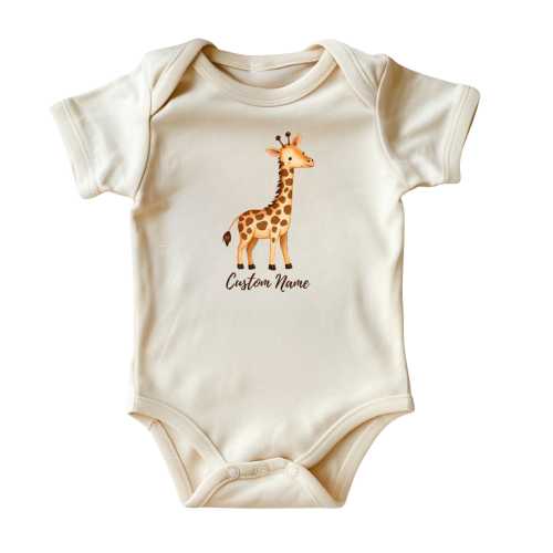 Personalized Giraffe Baby Bodysuit • Cute Giraffe Baby Onesie® • Natural Color Baby Clothing • Brown Ink • Newborn Baby Clothing