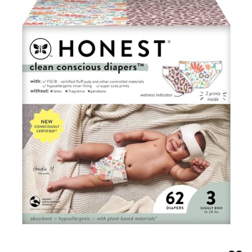The Honest Company Clean Conscious Diapers for Sensitive Skin | Hypoallergenic, Fragrance Free | Girl Prints | Club Box, Size 3 (16-28 lbs), 62 Count (Prints May Temporarily Vary)