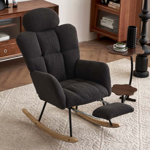 Teddy Nursery Rocking Glider Chair with Pillows & Footrest, Mid Century Accent Armchair Padded Seat with High Backrest for Living Room Bedroom Offices, Dark Gray