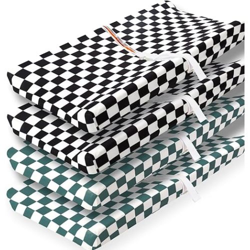 4 Pack Checkered Plaid Crib Sheets Neutral Breathable Buffalo Check Fitted Baby Sheets Nursery Sheets for Baby Boys or Girls (Changing Pad)