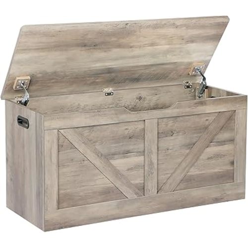 39.4" Storage Chest, Wooden Storage Bench, Large Storage Trunk with 2 Safety Hinges, Entryway Shoes Bench for Living Room, Bedroom, Grey