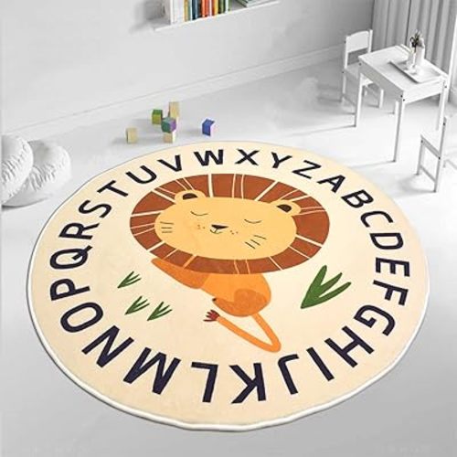 Kids Play Mat Rug Carpet 4Ft Round Lion Area Rug Cartoon ABC Crawling Cushion for Boys Girls Plush Nursery Rug for Children Washable Floor Carpet for Kids Room, Sleeping