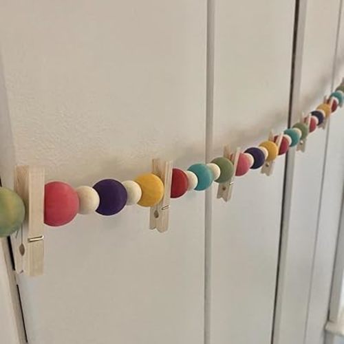 Colorful Wooden Beaded Garland with Clips for Kids Art Display, 58 Inch Hanging Decorative Chain for Photos, Paintings, DIY Crafts, Adjustable Clothespins for Bedroom, Nursery, Classroom Wall Decor