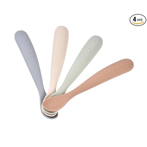 BEABA First Stage Baby Feeding Spoon Set, The Original Soft Tip Silicone Spoons for Babies, Gum Friendly BPA Lead Phthalate and Plastic Free, Great Gift Set (4 Pack), Natural