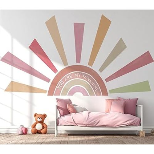 Large Rainbow Sun Wall Decals, Inspirational Peel and Stick Fabric Nursery Wall Decor, Removable Home Room Wall Decor Murals Stickers for Kids Girls Toddler Bedroom Living Room Playroom