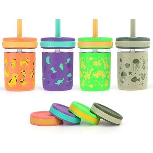Sursip Toddler Glass Cups with Straw, Spill-Proof Kids Mason Jar Food Storage with Lids, Sippy Cups for Drinks, Smoothies, Snacks, Milk Cup [4 Pack] 8 oz 2-in-1
