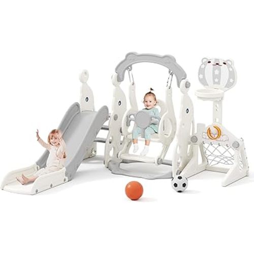 Glaf Toddler Slide and Swing Set 6 in 1 Toddler Outdoor Playset Kids Slide for Toddlers 1-3 Baby Climber Toys for 1 Year Old Indoor Slide Playground with Basketball Hoop Soccer (Grey with Goal)
