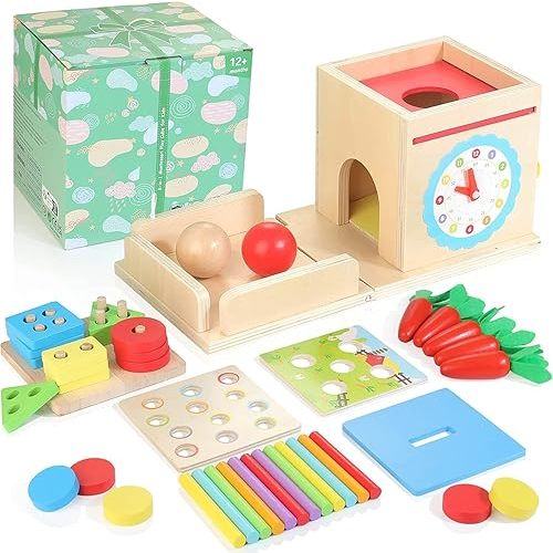 Kizfarm Wooden Montessori Baby Toys, 8-in-1 Wooden Play Kit Includes Object Permanent Box, Coin Box, Carrot Harvest, Shape Sorting & Stacking - Christmas Birthday Gift for Boys Girls Toddlers