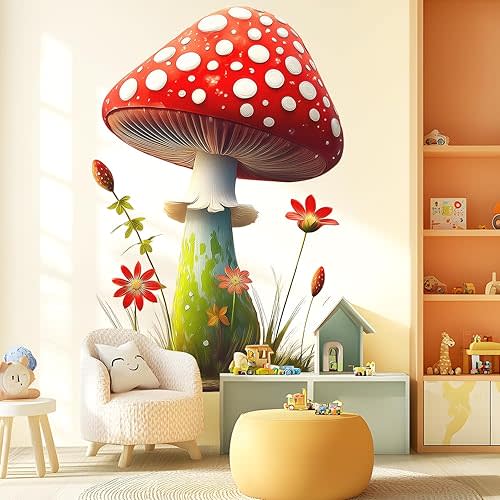 Cute Red Mushroom Wall Decals with Flowers and Grass, Peel and Stick Wall Stickers for Kids Room Nursery Baby Bedroom Playroom, Whimsical Forest Themed Wall Art Decor for Toddler Boys Girls