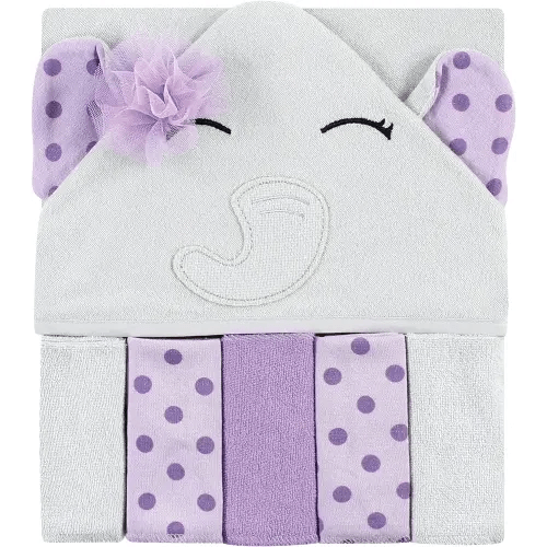 Hudson Baby Unisex Baby Hooded Towel and Five Washcloths, Purple Dots Pretty Elephant, One Size