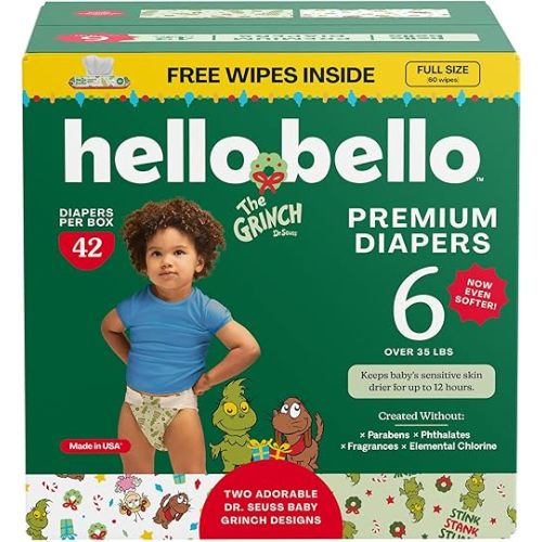 Hello Bello Dr. Seuss Baby Grinch Premium Diapers, Size 6 (35+ lbs), 42ct Plus Bonus Wipes: Softness & Protection for Sensitive Skin