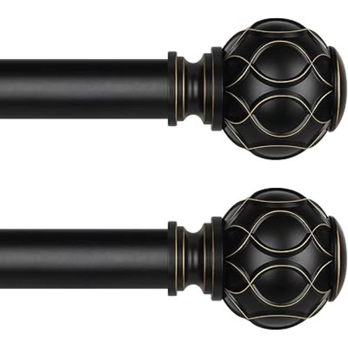2 Pack Black Curtain Rod, Heavy Duty 1 Inch Decorative Curtain Rods for Windows 30 to 56 Inch, Single-Side Adjustable Vintage Rustic Matte Black Drapery Pole Set with Netted Texture Finials