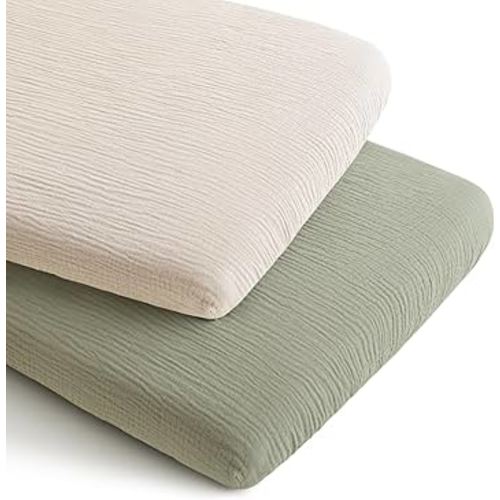 Konssy 2 Pack Muslin Bassinet Sheets for Boys, Girls, 100% Cotton Soft Breathable Fitted Bassinet Mattress Sheet, 33 x 21 inches (Fog Green,Cream)