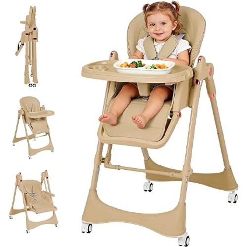 3-in-1 Baby High Chair with Soothing Rocker | Convertible Baby High Chair for Toddlers | Brake Wheels, Easy Clean, Space Saving | Adjustable, Removable Tray (Brown)