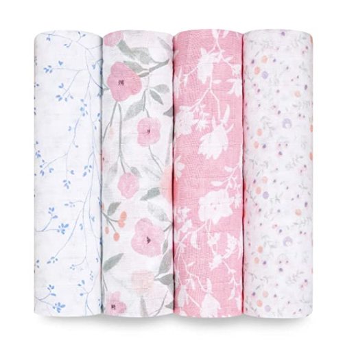 aden + anais Boutique Muslin Swaddle Blanket for Baby Girls and Boys, Newborn Receiving Blanket for Swaddling, 100% Muslin Cotton Swaddle Wrap, 4 Pack, Mon Fleur