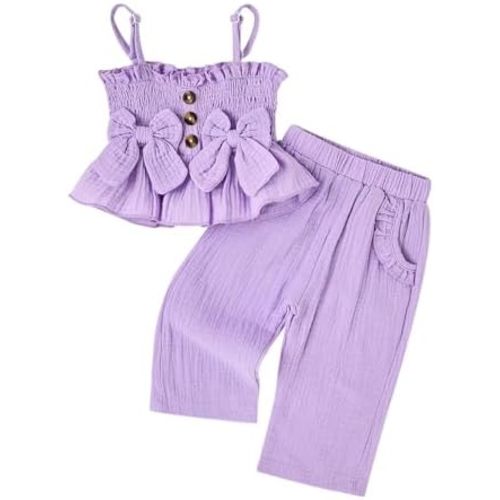 Toddler Baby Girl Clothes Summer Outfits Cute Bow Button Ruffle Camisole Pants Set 9-36 Months
