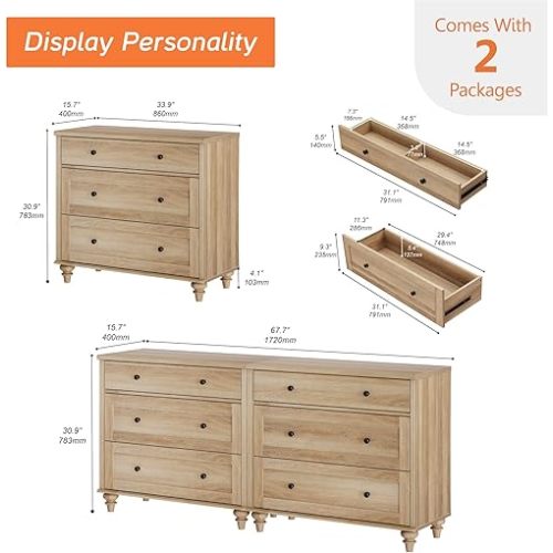 WAMPAT Dresser for Bedroom with 6 Drawers, Oak Kids Dressers with Wide Chest of Drawers, Mid Century Modern Wooden Closet Storage Organizer, Large Wood Dressers for Living Room, Nursery, Hallway