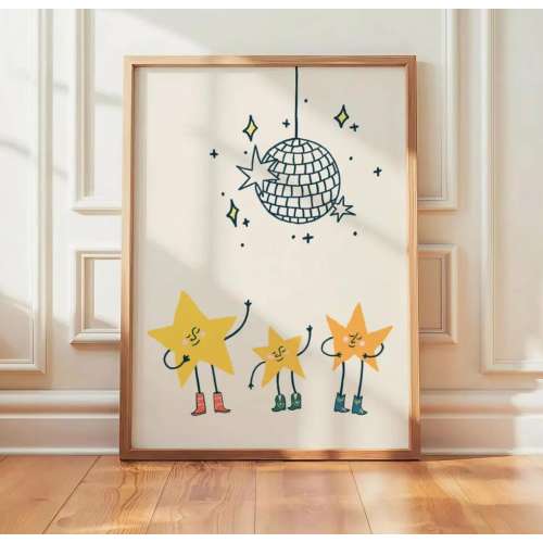 Dancing Stars Print, Retro Disco Ball Canvas, Whimsical Wall Art