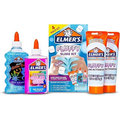 Elmer’s Fluffy Slime Kit, Includes Translucent Color Glue, Glitter Glue, Fluffy Slime Activator, 4 Count - Perfect for Parties, Gift, Activity Time