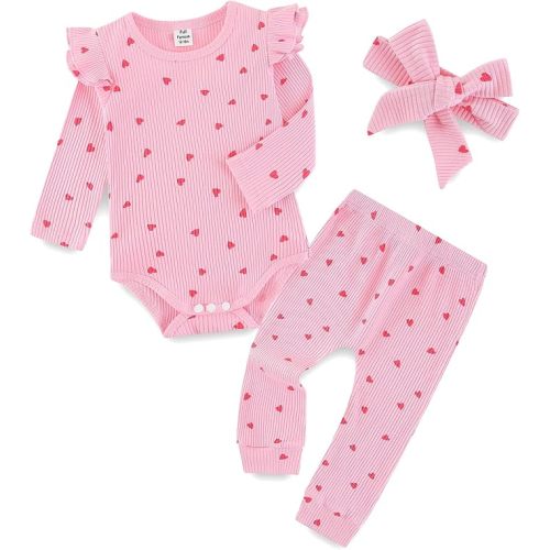Fullfamous Baby Girl's 3pc Rib Frill Long Sleeve Romper and Pant Set