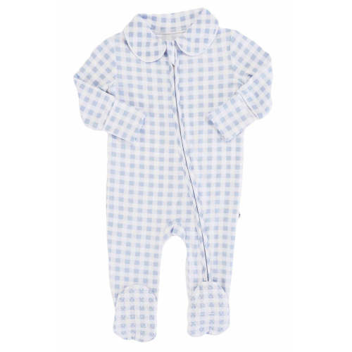 Peter Pan Collar Zipper Footie | Dusty Blue Gingham