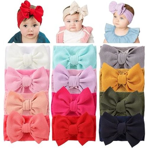Cinaci 12 Pack Oversized Colorful Solid Stretchy Nylon Headbands with Big Bow Large Knot Hair Bows Soft Elastic Hair Bands Hair Accessories Wide Headwraps for Newborn Baby Girls Infants Toddlers Kids