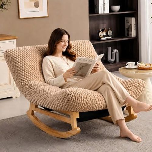 Oversized Rocking Chair Indoor with Corduroy Cushion (Khaki)