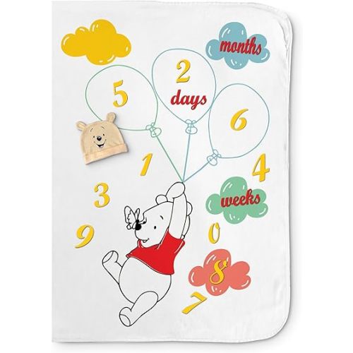 babyly Baby Milestone Blanket with Growth Chart, Hat, and Frames - Perfect for Capturing Memories with Disney's Theme - Unisex 40"x60" Blanket for Baby Girl and Boy (Winny The Pooh)