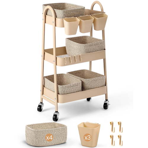 3-Tier Rolling Utility Cart with 4 Woven Baskets, Diaper Book Snack Cart, Storage Organizer for Nursery, Kitchen, Craft Room, Home SPA, Living Room, Metal Frame Trolley on Lockable Wheels, Brown