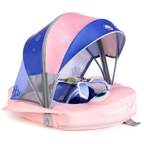 With Mesh Bed Mambobaby Float with Canopy and Tail New Upgraded Non-inflatable Baby Pool Float Mambo Float Swim Trainer Solid Infant Swim Float Adjustable Pearl Foam Baby Swim Ring