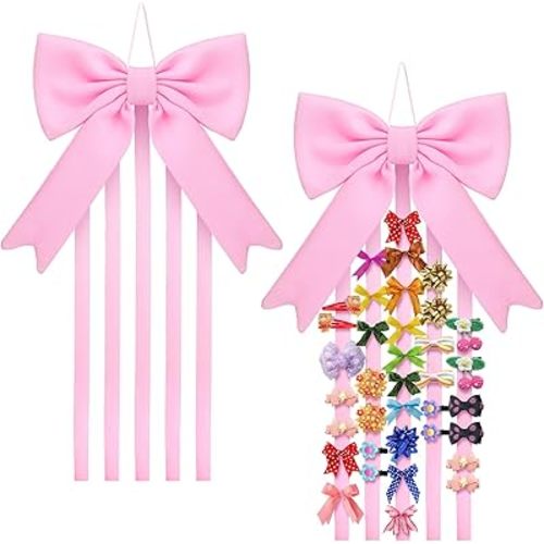 Weysat Bow Organizer for Girls Huge Bow Holder for Girls Hair Bows Claw Clip Organizer Wall Hanging Decoration Accessories with Five Ribbons Organizador De Moños Para Ninas for Room Decor (Pink)