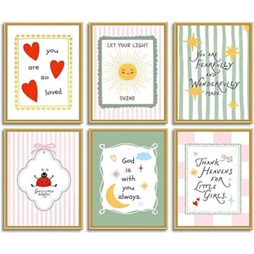 6 Pcs Nursery Bible Verses Wall Art Girl Christian Wall Decor Pictures Cute Pink Green Religious Positive Quotes Canvas Posters Prints for Baby Girl Nursery Toddler Room Decoration 12x16in Unframed