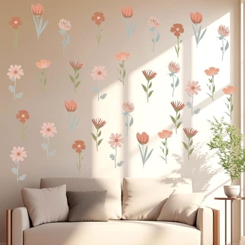 12 Sheets / 72 Pcs Flower Wall Stickers Boho Wall Decals Girls Wall Stickers Nursery Sticker Aesthetic Murals Wildflower Wall Decal for Bedroom Livingroom Kitchen Kindergarten Window Home Wall Decor