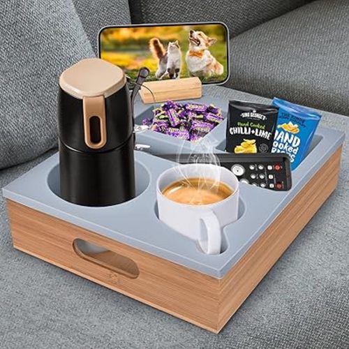 Couch Cup Holder with Handle,Bamboo Couch Caddy for Car Back Seat,Beach,Waterproof Anti Spill Bed Caddy Organizer,Movie Night Sofa Arm Tray for Snack Beverage Remote with Phone Stand(Gray)