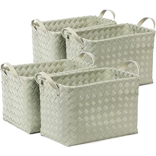 BROWNLILY Handwoven Clothes Basket Laundry Hampers Large Wicker Storage Baskets for Shelves Blankets Closet Storage Bins Car Bedroom Bathroom Organizers and Storage Bath (Pack of 4, Green)