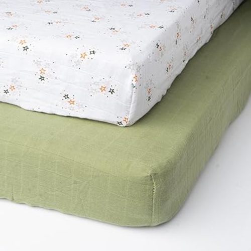 Salt Earth 100% Organic Cotton Muslin Standard Fitted Crib Sheet, 52"x28", 2 Pack Soft Breathable Natural Cotton Sheets Baby Mattress Bed Sheets, No Slip Neutral Baby Crib Sheet (Green & Star)