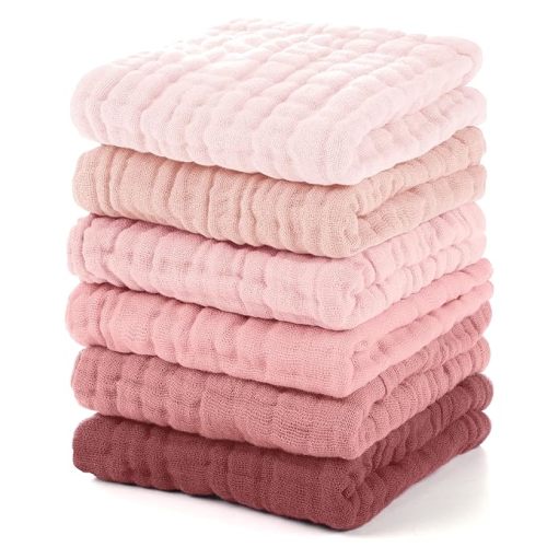 Muslin Baby Washcloths 6 Pack, 100% Cotton Wash Cloths for Babies, Large 12''X12'' Burp Cloths Absorbent and Soft for Newborn Infants Kids Boys Girls - Gradient Pink
