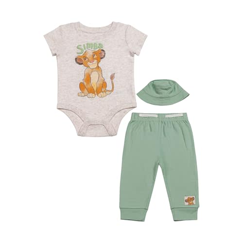Magic Threadz Disney Clothes Baby Boys 3-Piece Outfit Set with Bodysuit, Pants & Hat – Lion King, Stitch, Pooh & Mickey 0M–9M