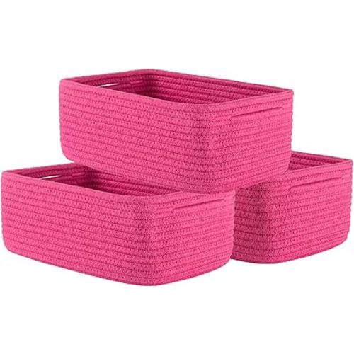 Small Woven Basket, 12 x 8 x 4.5 Inches, Storage Basket for Organizing, Cute Small Rope Shelf Closet Cube Storage Bins Baskets for Shelves, Dog Toy Gift Baskets Empty, 3 Packs, Hot Pink