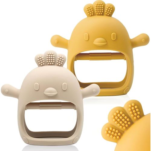 2 Packs Baby Teething Toy Silicone Teething Mitten for Babies Over 3 Months Anti Dropping Wrist Hand Teethers Baby Chew Toys for Sucking Needs, BPA Free (Ginger & Caramel)
