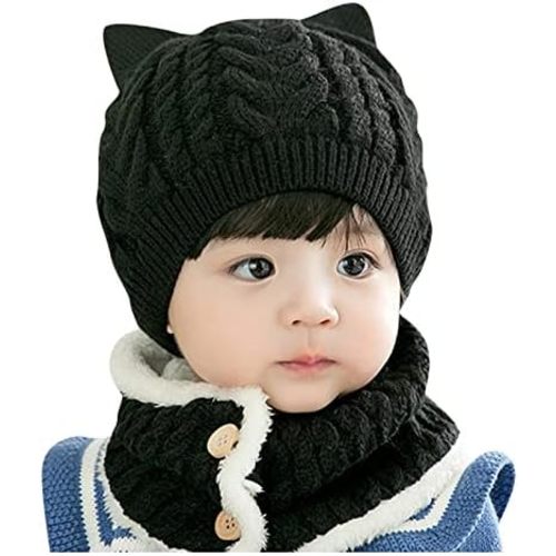 Crochet Earflap Hats Infant Baby Boy Girl Winter Hat Cat Beanie Hat with Scarf Fleece Lined Knitted Cap 0-2years