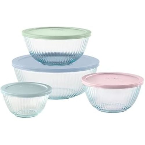 Pyrex Ribbed Glass Mixing Bowl Set with Pastel Lids, 8 Piece Nesting Set