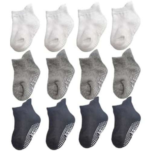 | Anti-Slip Ankle Socks with Grippy Soles for Babies, Toddlers & Kids (12-pair pack)
