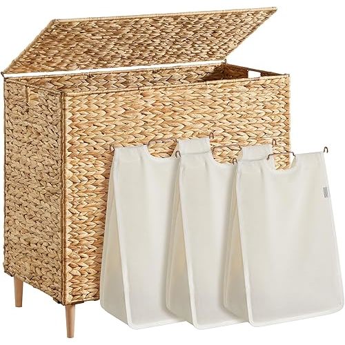 SONGMICS Laundry Hamper 3 Sections, 47.5 Gal. (180 L) Handwoven Water Hyacinth Wicker Laundry Basket with Lid, Natural Material, Removable Machine Washable Liners, Handles, Natural ULCB203Y01