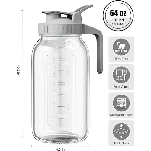 OneDream Glass Pitcher with Lid – 64oz Glass Mason Jar Pitcher with Wide Mouth, Airtight Seal, Leak-Proof, Spout Design – Ideal for Iced Tea, Sun Tea, Cold Beverages, and Home Entertaining