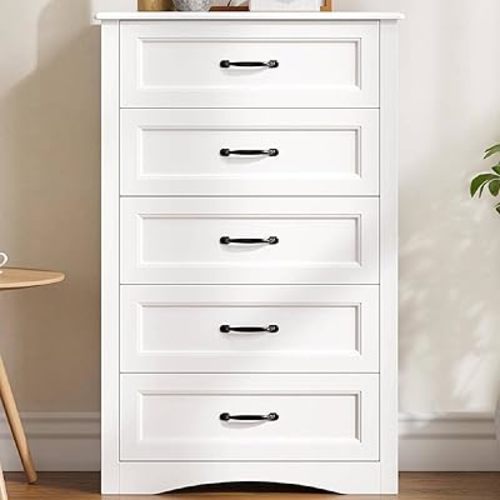 Gizoon 5 Drawer Dresser, White Wood Chest of Drawers for Bedroom, 43.3" Large Capacity Storage Cabinet with Anti-Tip Device, for Clothes, Living Room, Hallway, Office